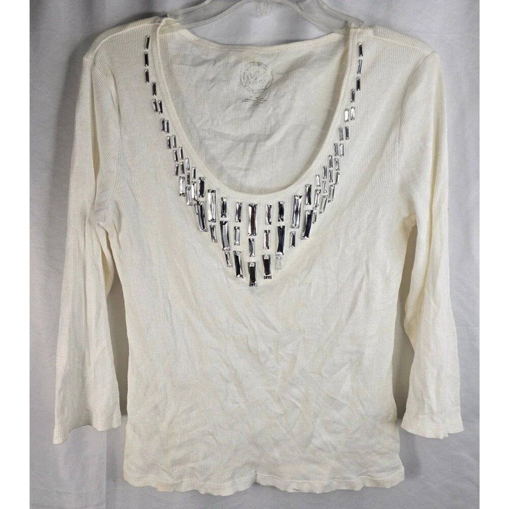 Michael Kors Rhinestone Embellished Ribbed Bib Top  3/4 Sleeve T-Shirt